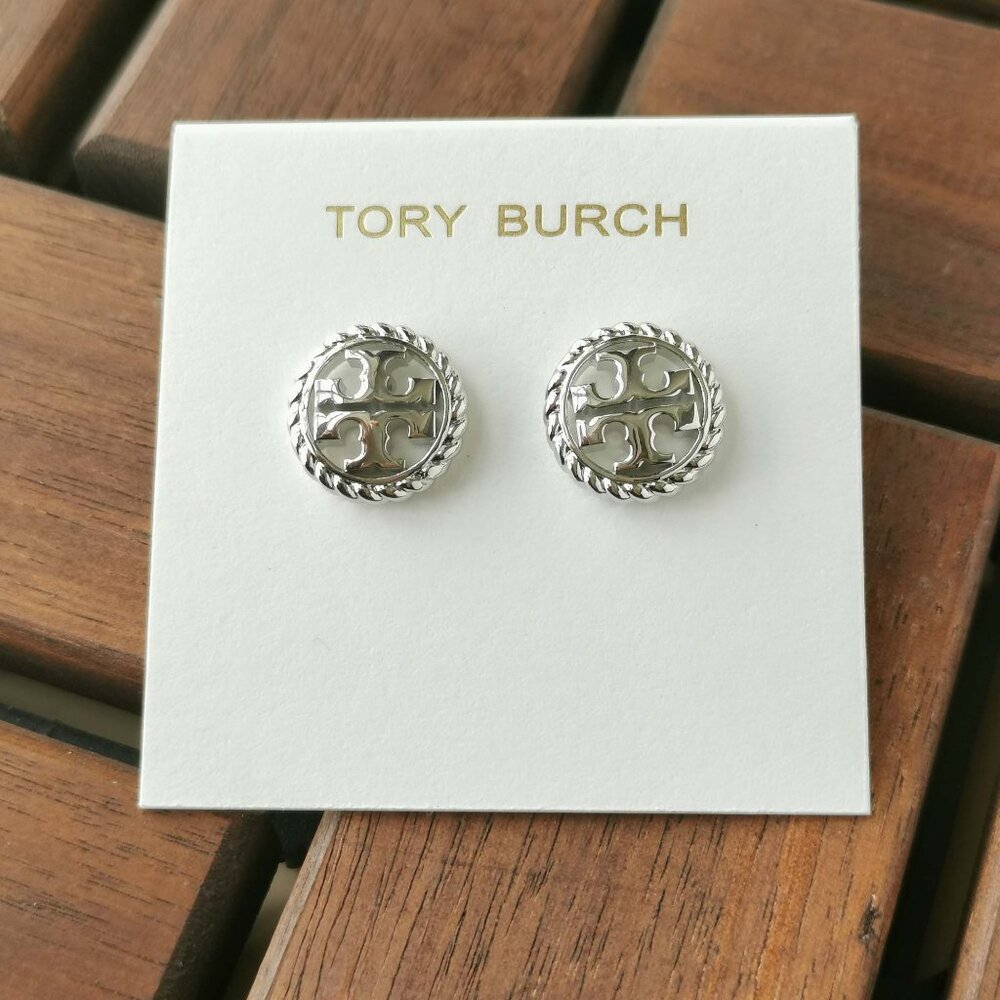 Tory Burch Rope Logo Silver Stud Earrings 136618 w/dust bag